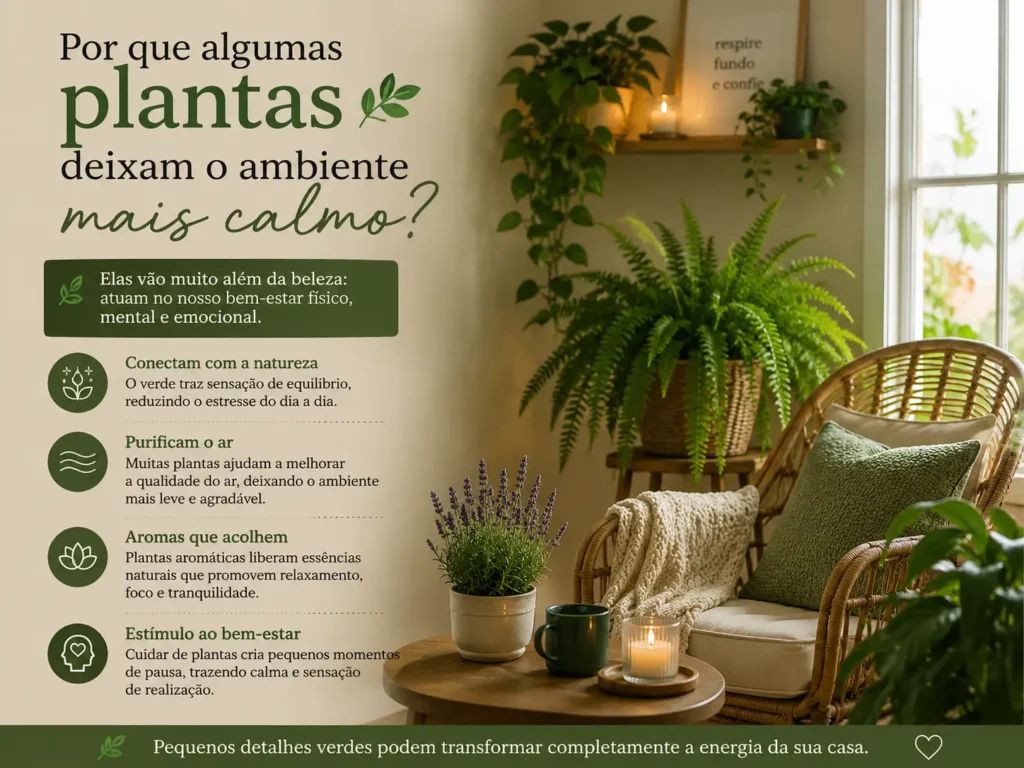 Cantinho aconchegante com plantas mostrando como plantas deixam o ambiente mais calmo