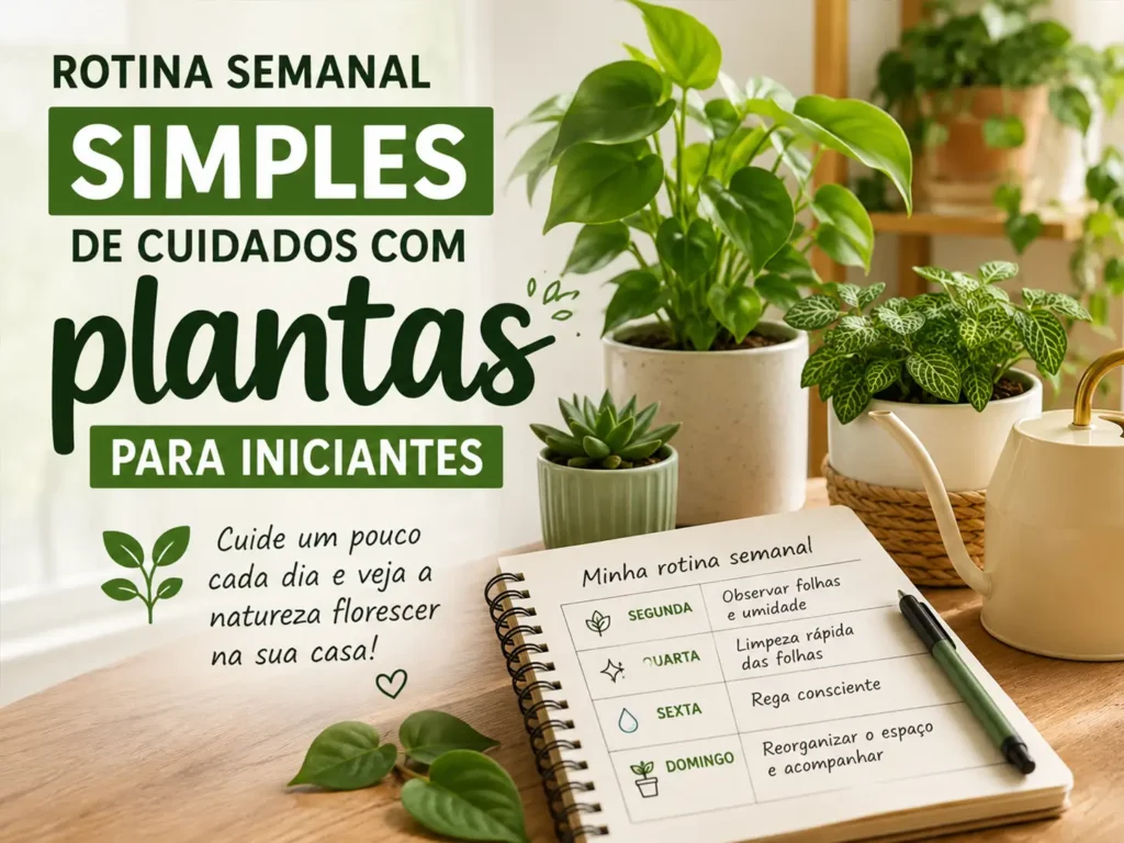 Rotina semanal simples de cuidados com plantas para iniciantes em ambiente interno aconchegante